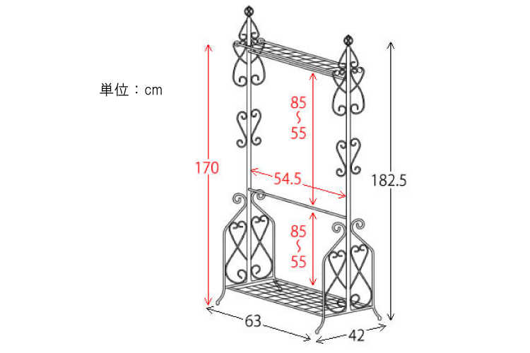 WR-1403 幅63cmアイアンの曲線がかわいいハンガーラックのサイズ詳細画像